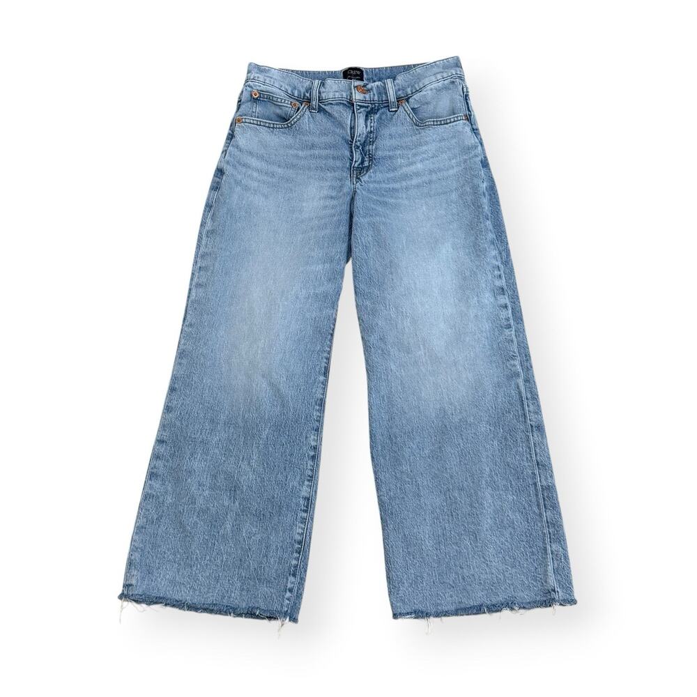 J. Crew Womens Wide-Leg Crop Jeans 27P Mid Rise Raw Hem Light Wash Stretch Boho